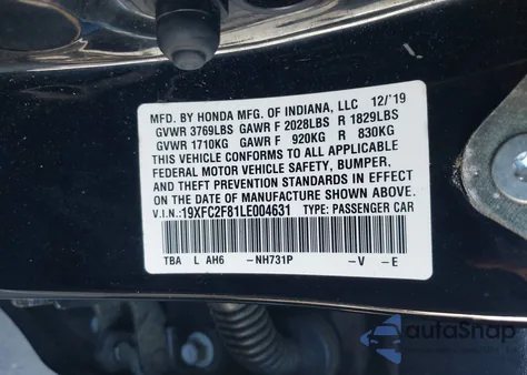 2020 Honda Civic Sport z USA, uszkodzony, nr VIN 19XFC2F81LE004631